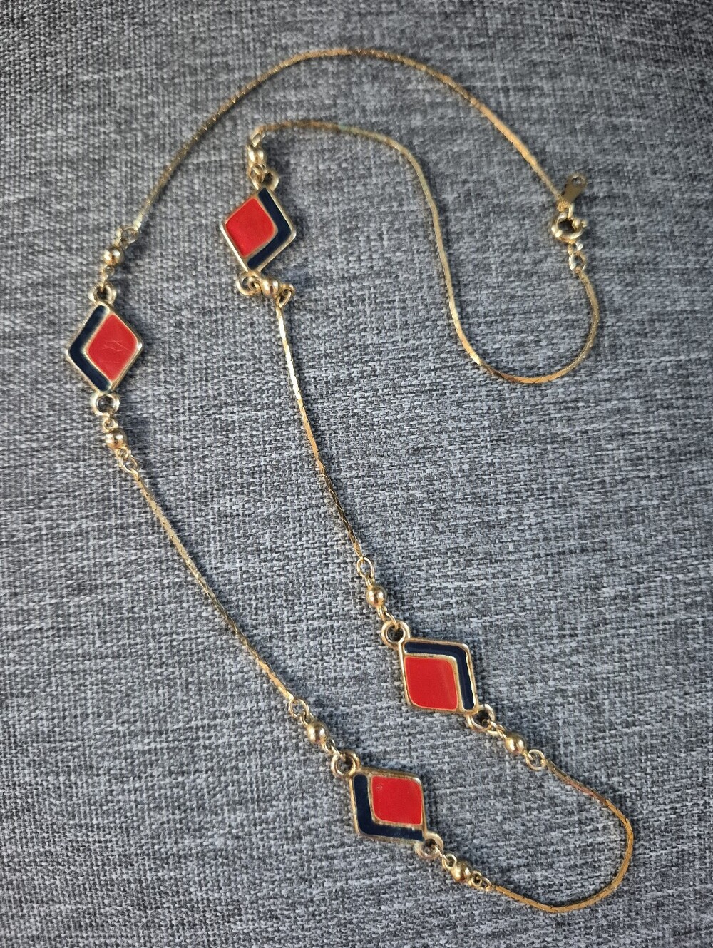 Gold Plated Women's Necklace with Red & Darj Blue Geometric Accents